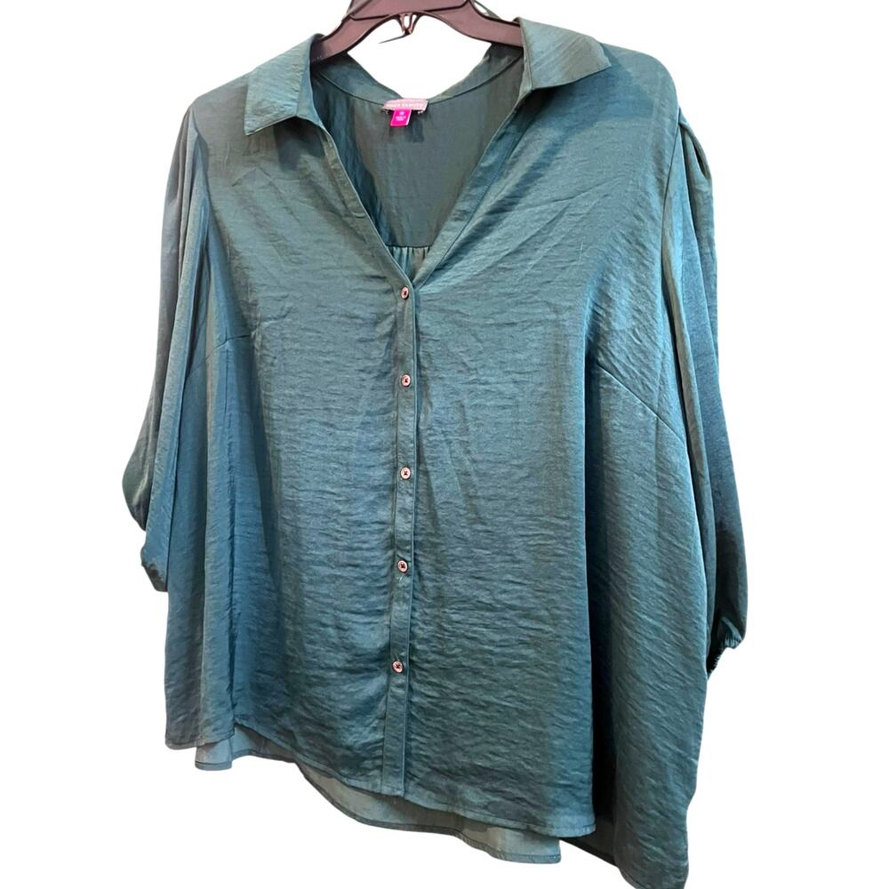 Vince Camuto Satin Balloon-Sleeve Button-up Blouse Top | 3X, Forest Green NWT - Picture 3 of 5